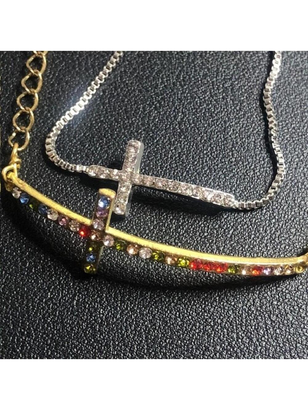B1518 Lot of 2 Cross Bracelets Rainbow Crystal  Slider Gold/silvertone 6"-7.25" - Picture 2 of 3
